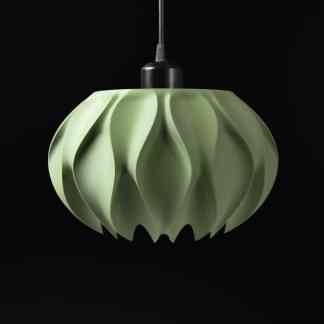 Sleek green LED pendant light with a unique sculptural pattern, ideal for modern home or office decor.