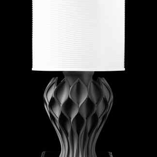 Elegant 3D printed lamp featuring a futuristic, textured metallic base and bright fabric shade, perfect for modern interiors.