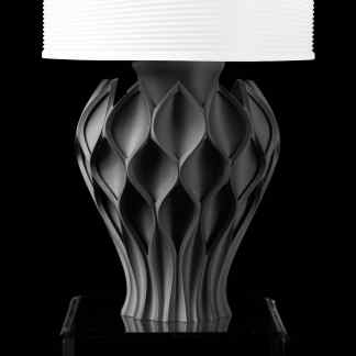 Intricate 3D printed lamp featuring a contemporary geometric pattern, perfect for modern interior décor.