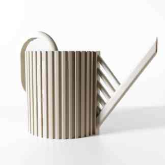 Modern beige watering can for gardening, with sleek ribbed design and long spout.
