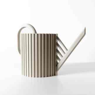 3D printed beige watering can with ribbed texture and sleek angular design for home gardening.