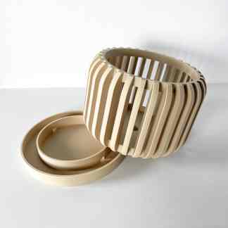 Highly detailed beige 3D-printed lamp holder with wooden texture finish.