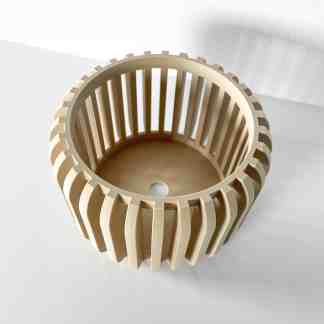 Detailed 3D printed plastic basket with open slats for ventilation, showcasing precision 3D printing technology.