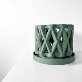 Green 3D printed decorative planter showcasing lattice pattern, perfect for stylish home interiors.
