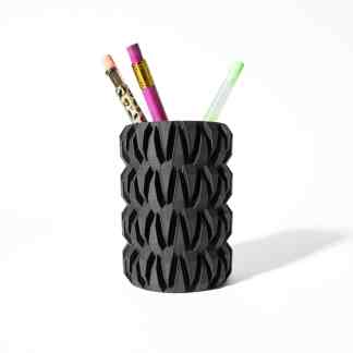 3D printed pen holder with textured black geometric pattern, ideal for desk organization.