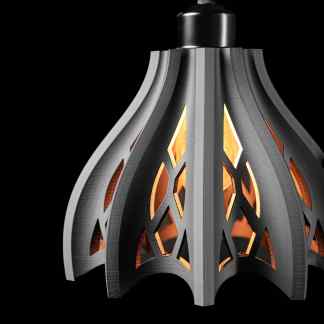 A modern, decorative metal pendant light featuring intricate cutouts, warm interior lighting, perfect for contemporary decor.