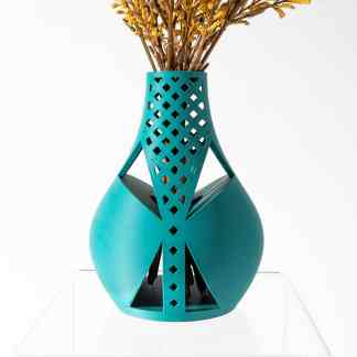 3D printed turquoise vase with lattice pattern, perfect for modern home décor.