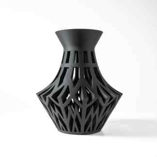 Sleek black 3D-printed vase featuring intricate geometric patterns, perfect for modern interior design.