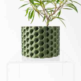 Vase with geometric honeycomb pattern holding a green plant, highlighting 3D printing in home decor.