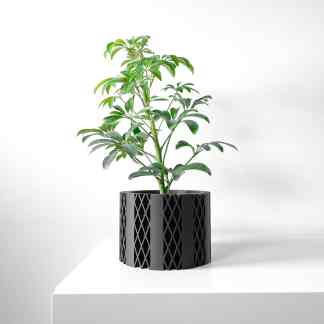 Highly detailed black 3D printed plant pot with geometric lattice design. Perfect for modern home decor.