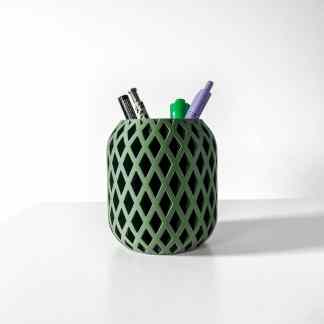 Stylish green pen holder featuring a modern 3D printed geometric lattice pattern. Perfect for organizing office supplies.