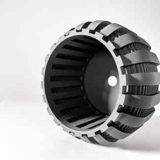 Detailed black and silver 3D printed gear with technical precision and accuracy.