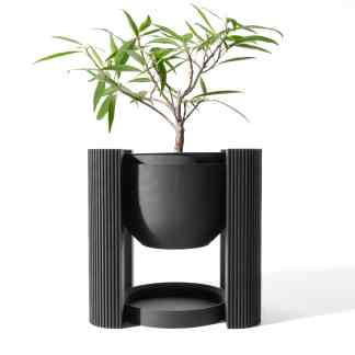 3D printed black plant pot with unique textured design for modern indoor decor.