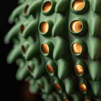 Close-up of a green 3D-printed object with circular holes, highlighting intricate details of 3D printing craftsmanship.