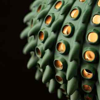Close-up of a green 3D-printed structure with intricate hollow, cone-shaped details, showcasing advanced 3D modeling.