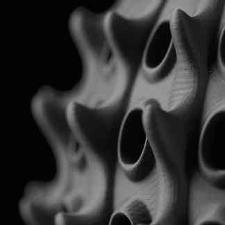 High-resolution black and white image of a complex 3D-printed metallic structure with hollow, organic shapes.