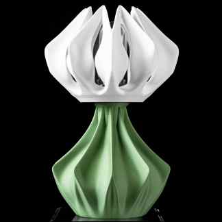 3D printed lamp, modern sculpture lighting, innovative home decor, white and green design.