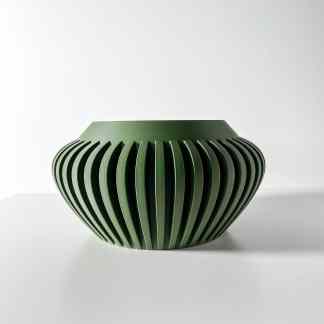3D-printed green decorative bowl with intricate slat design, perfect for modern home decor.