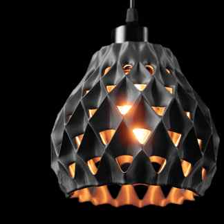 Stylish 3D printed black pendant light with intricate geometric pattern and warm glow.