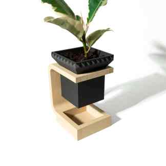 A stylish wooden plant stand with a black geometric planter holding a green leafy plant.