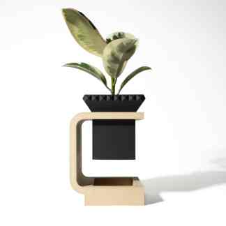 Stylish plant stand with a geometric black and beige design, featuring a vibrant green houseplant for home decor.