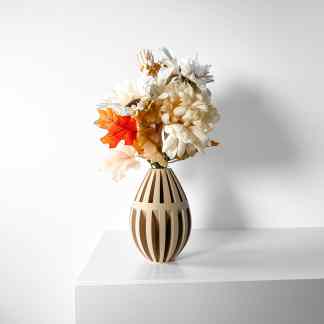 Vase with artificial flowers, modern home decor, 3D-printed ceramic design, stylish interior accent.