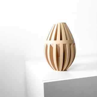 Elegant wooden vase with a geometric 3D pattern for interior decor.