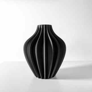 Elegant black 3D-printed vase with modern geometric design, perfect for contemporary home decor.