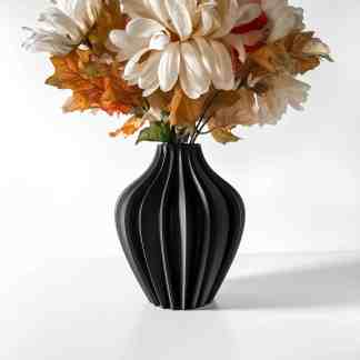 Elegant 3D textured black vase with autumn flower arrangement for stylish home decoration.