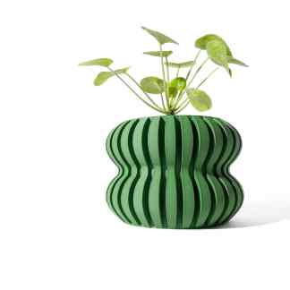 3D printed plant vase with ribbed green design, perfect for modern home decor.