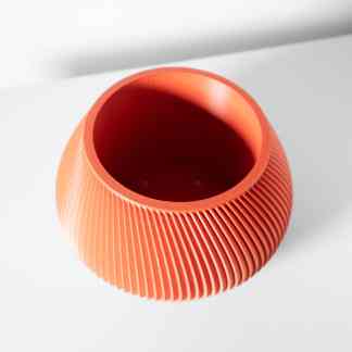 High-resolution 3D printed orange vase with ribbed design for modern decor.