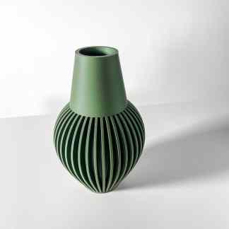 Green 3D printed vase with sleek, modern design and intricate ribbed pattern.