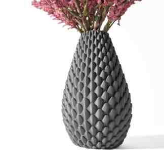 3D textured gray ceramic vase with pink flowers, stylish home decoration accessory, modern design, artistic craft.