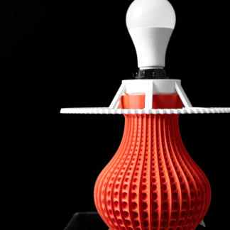 High-resolution 3D-printed orange and white container with intricate lattice design, modern aesthetic.