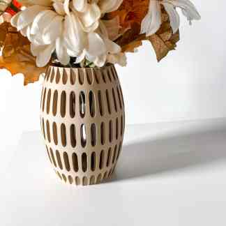 Stylish beige 3D printed flower vase with cutout pattern, perfect for contemporary home interiors.