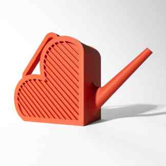 Modern 3D-printed watering can design with geometric pattern, vibrant orange color, for garden tools.