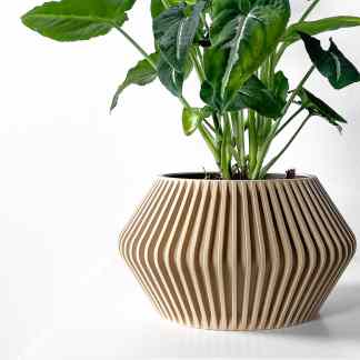 Decorative wooden flower pot with carved stripe pattern, ideal for home aesthetics.