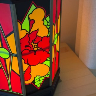 Colorful stained glass floral table lamp, handcrafted LED lighting, home decor accent.