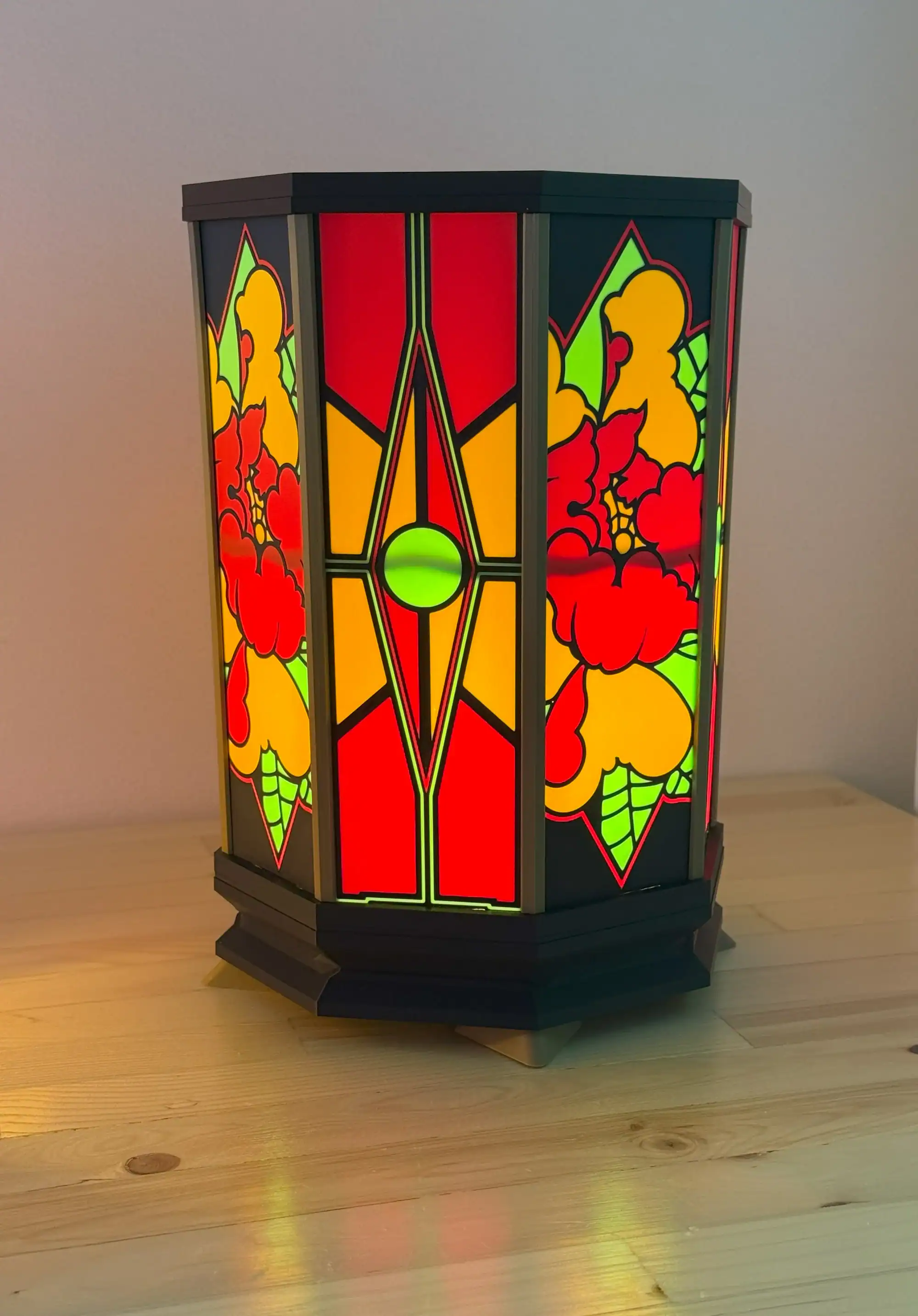 Bright stained glass LED lamp with vibrant floral designs for artistic home lighting.