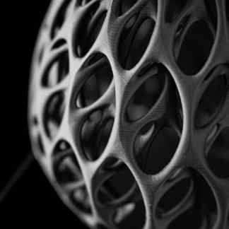 High-resolution black and white image of a 3D-printed geometric metal sculpture showcasing advanced fabrication technology.