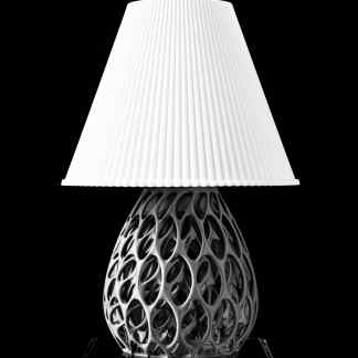 3D printed decorative lamp with complex lattice base and fabric shade, perfect for stylish interiors.