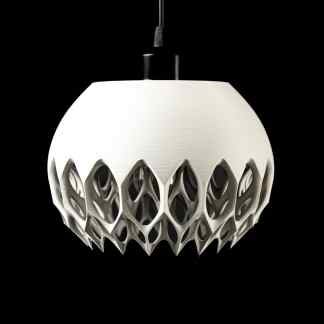 Highly detailed 3D-printed modern pendant lamp with intricate geometric design, showcased on black background.