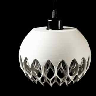 High-resolution image of a modern 3D-printed pendant lamp with intricate geometric design, black and white contrast.