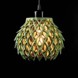 Vibrant green geometric pendant lamp with intricate lattice design for contemporary homes.