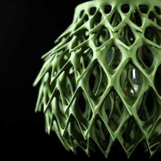 High-resolution image of a green 3D-printed geometric sculpture on a black background.