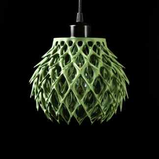Vivid green 3D printed pendant lamp with intricate geometric design, modern lighting decor.