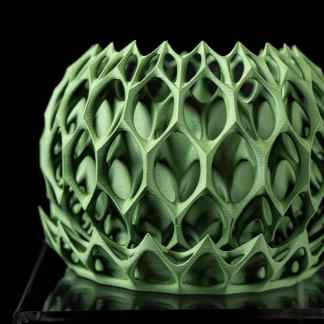 High-resolution 3D-printed geometric structure in vibrant green, showcasing advanced additive manufacturing technology.