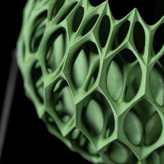 Close-up of a green 3D printed leaf showcasing intricate geometric patterns and sustainable design innovation.
