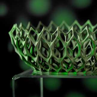 High-detail green 3D-printed lattice model with intricate geometric patterns and futuristic design.
