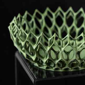 High-resolution photo of a green 3D printed lattice model on display.